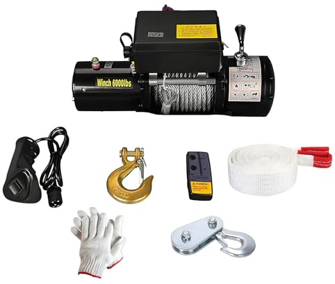 Verricello elettrico con telecomando wireless, 12 V 24 V, capacità di recupero di 5000 libbre e 6000 libbre, motore in rame puro, impermeabile IP67, kit cavi in filo di acciaio