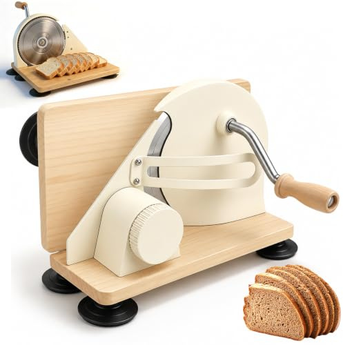 Honiako Manual Bread Slicer for Homemade Bread, Foldable Bread Cutter with Hand Crank, Adjustable 1-20mm Thickness, Stainless Steel Serrated Blade, 6 Suction Cups, Solid Wood Base for Sourdough Bread
