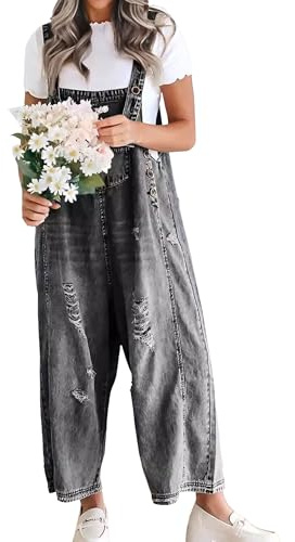 Dam Jeansoveraller med vida ben, sliten, baggy jumpsuit, ärmlösa bibjeans med fickor, grå XX Large