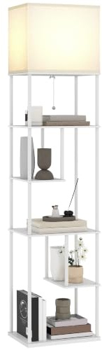 HOMCOM Stehlampe Stehleuchte mit Regalen Einstellbare Helligkeit Weiß | Einstellbare Farbtemperatur 3000K-6500K, Fernbedienung, E27-Birne, Timer, für Schlafzimmer, Büro, Wohnzimmer