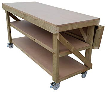 Arbor Garden Solutions Mobile Heavy Duty Workbench with Extendable Top & Double Shelves – 18mm MDF Garage Workshop Table on Wheels (150cm / 5ft Length)