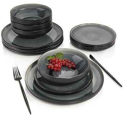 SÄNGER | Teller Set Helsinki 12 tlg, Steingut Geschirr Set 4 Personen, Essgeschirr inkl. Speiseteller Frühstücksteller & Tiefe Teller Schwarzes mit grauem Akzent, Tafelservice | PREMIUM COLLECTION
