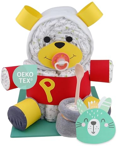 Windeltorte.com – Windelbär Comic | Windeltorte in Gelb und Rot - inkl. 32 LILLYDOO Windeln | Geschenk zur Geburt | Taufgeschenk | Geschenk zur Babyparty – handgefertigt