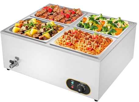MOOTACO Commercial Food Warmer,Stainless Steel Bain Marie,4xGN1/2 Pans | 1500W Electric Buffet Warmer with Lids,Drain Tap,30-85 °C Temperature Range,Suit for Kitchen Restaurant,Hotel,Buffet Shop