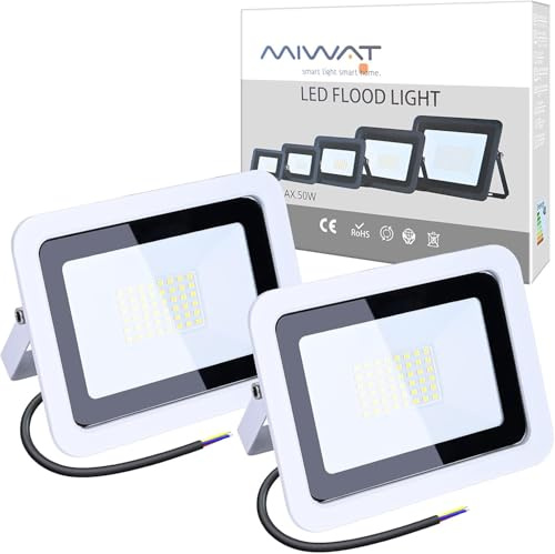 MIWATT Lot de 2 Projecteurs LED 50W 6000K 4000ml Blanc Froid 220V, Lampe Extérieure Ultra Mince pour Jardin Rue Place