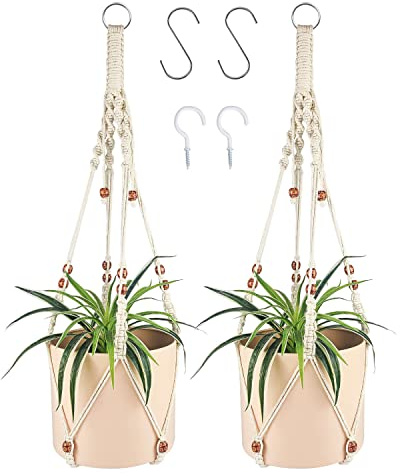 Trongle 2 Packs Macrame Plant Hangers, Boho Style Plant Hangers Indoor with 4 Hanging Hooks, 100% Cotton Degradable Rope Plant Hanger, 90cm Ceiling Plant Holder for Garden, Office, Home Decoration