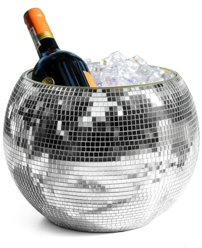 Wittolins Disco Ice Bucket for Cocktail Bar,Mirror Silver Disco Ball Decor,Retro Party Accessories,9.8 Inch Disco Ball Theme Party Decorations,Cooler for Wine Beer Champagne Ice Cold Drinks