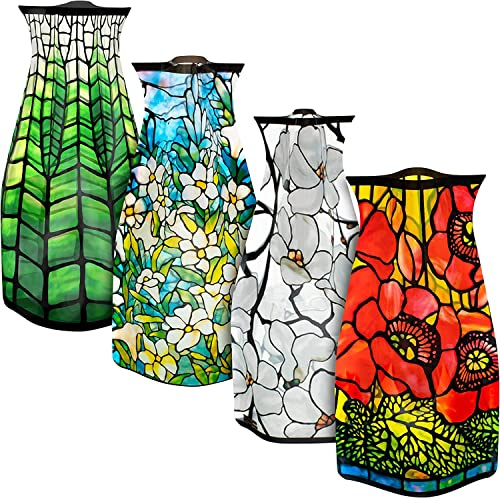 MODGY Expandable Flower Vase Set, Plastic Decorative Modern Foldable Printed Vases for Centerpieces for Wedding, Dining Table, Home Decor, Living Room, Bathroom, Office, Louis C. Tiffany, 4 Pack
