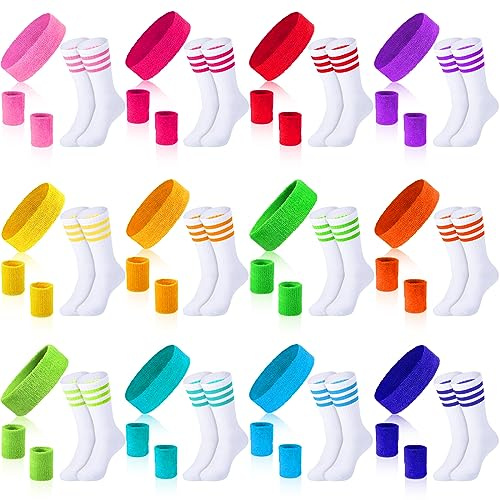 Hillban Neno Schweißband und gestreifte Socken-Set, Schweißband, Sport-Stirnband, Armband für Herren und Damen, 80er-Jahre-Party-Zubehör, Neonfarbe
