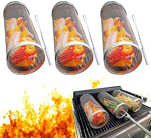 MESHKA 2-teiliger rollender Grillkorb – der Beste Grillkorb Aller Zeiten, rundes Grillgitter aus Edelstahl, Camping-Grillständer für Gemüse, Pommes Frites, Fischgrill