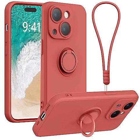 Galful iPhone 14 Case with 360°Ring Holder Kickstand for Magnetic Car Mount iPhone 14 Phone Case with Wrist Strap Flexible Silicone Stand Magnetic Shockproof Cover for iPhone 14,Hawthorn Red