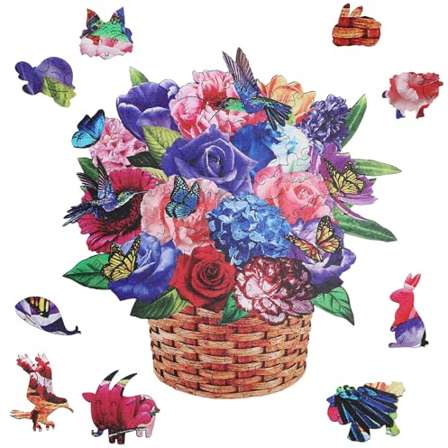 GLOBLELAND 120Pcs Flower Basket Wooden Jigsaw Puzzles for Adults 11.2x11.6inch Colorful Flowers Wooden Puzzles for Anniversary Birthday Gift