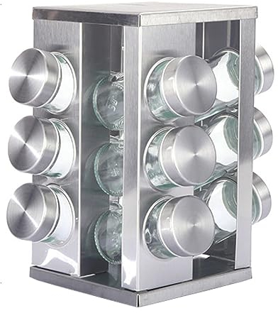 TQQEPOOL Rack Spezie Banco Girevole Organizzazione Stoccaggio dei Condimenti in Acciaio Inox, Torre Carosello Spezie per Cucina Set 12 Barattoli (Color : C, Size : 12 Jars)