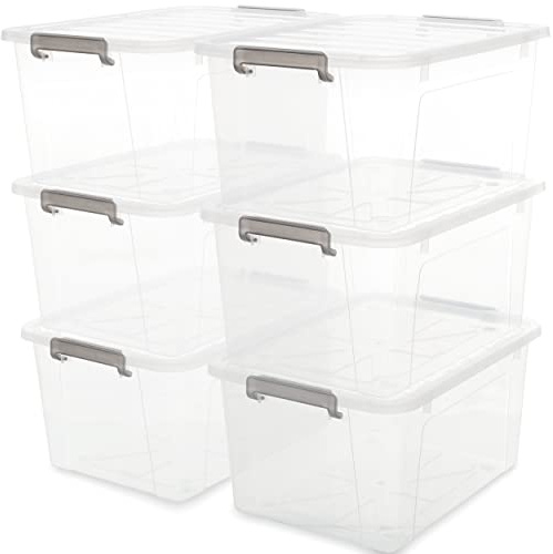 Citylife 6er Set 40L Aufbewahrungsbox mit Deckel mit grauer Greifer, Stapelbar Plastikboxen zum Organisieren Große Kunststoff Boxen für Garage, Schrank, Klassenzimmer, Küche, 45.5X33.5X27cm (LxWxH)