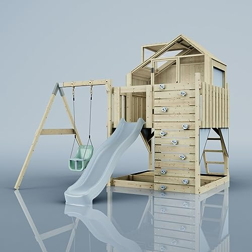 Rebo Spielturm mit Spielhaus inkl. Wellenrutsche und Kinder-Schaukel, Outdoor Klettergerüst Garten,Eisblau