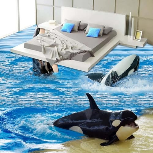 Papier Peint 3D Dalle Pvc Adhesive Sol Papier Peint Mural 3D Personnalisé Avec Dauphin, Vagues De L'Océan, Toilettes, Salle De Bain, Chambre À Coucher, Peinture Auto-Adhésive Imperméable, 400 X 2