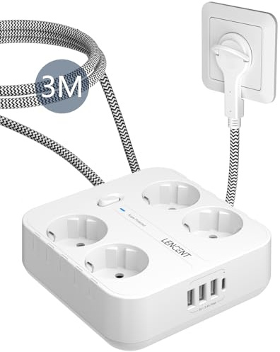 LENCENT 4-vägs överspänningsskydd Europeiska Grenuttag med Strömbrytare, 8 i 1 Flera Uttag Strömlista med 3 USB-A & 1 Typ C, Europa Power Strip 3 Meter Flätad Kabel Vägguttag Multipeluttag, Type C/E/F