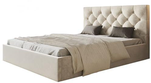 AlpiMeble Bett 120x200 - Polsterbett mit Bettkasten und Holzrahmen - Elegant Betten - Weicher Jasminstoff - Kollektion Boston, Beige