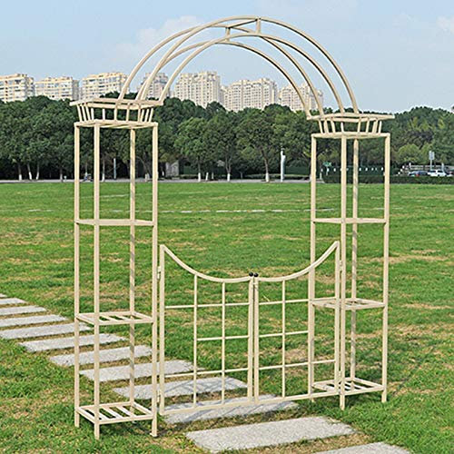 Iron Garden Arch,Heavy-Duty Climbing Plants Support,4 Tier Flower Stand,Wrought Iron,Black/Beige/Beige/With Gate