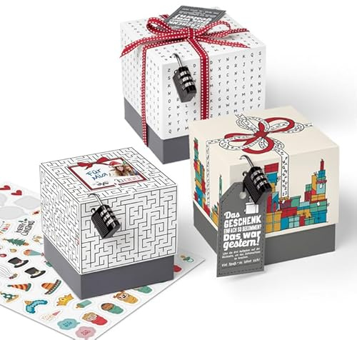 SURPRISA Rätselbox Set 3 Stück für Geldgeschenke, Geschenkverpackung Rätsel | Geschenkverpackung Geld, Gutscheine, kl. Geschenke, alle Anlässe, 3 Motive: Labyrinth, Buchstaben, Geschenke, Größe S (12 cm)
