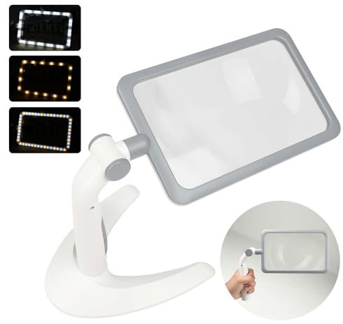 Foyucool Lente d'ingrandimento con Luce, 24 luci a LED, 3 Modalità di Attenuazione, 2 in 1 da Tavolo e Portatile, Grande e Leggero, Lettura con Ingrandimento 2.5X per Anziani Ipovedenti, Bianco
