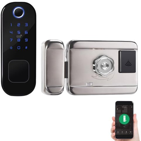 Splenssy Wifi Smart Home - Cerradura de puerta antirrobo inteligente, cerradura de huellas dactilares, cerradura de seguridad BT, control remoto de aplicación, adecuado para puertas de 38 – 70 mm, 6