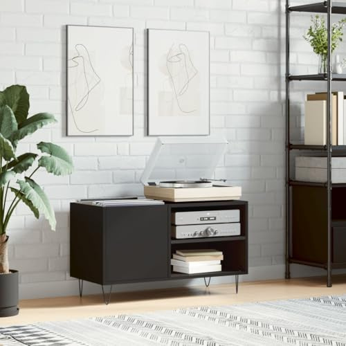 IKAYAA Mueble Tocadiscos 85x38x48 cm de Madera, Tocadiscos de Vinilo Stand, Estanteria CD para Vinilos, 5E4DS Negro