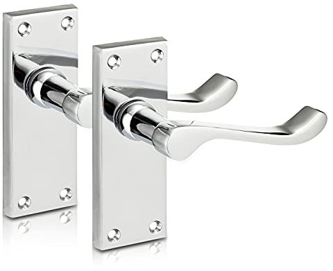 door handlesVictorian Lever Latch Flat Polished Chrome Door Handles, Long 6 Backplate, Elegant Door Handle Set for Wooden Doors, Classic Straight Design, Ideal for All Types of Internal Doors [1 Pair