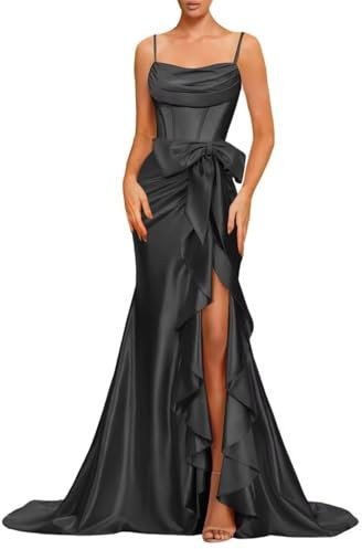 HPPEE Robe de bal en satin pour femme avec fente froncée et bretelles spaghetti et col bénitier, Noir , 56 Grande taille