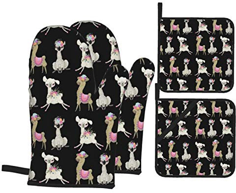 Topflappen Und Topflappen Set Von 4 Lamas Blume Auf Schwarz Kochhandschuhe Mit Innere Baumwollschicht Backhandschuhe Hitzebeständige Topfhandschuhe, Für BBQ, Grillen, Cafe
