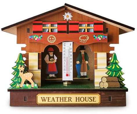 oiakus Wooden Weather House, Thermometer Hygrometer Weather Stations, Weather House with Man and Woman Wood Chalet Barometer, Decoration Wall Tie Ornaments