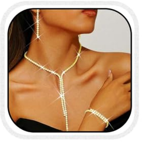 Reaky Bridal Jewelry Set Silver Rhinestone Earrings and Necklace Sparkly Wedding Necklaces Sets Prom Jewelry for Women (Pack of 3) (Gold)