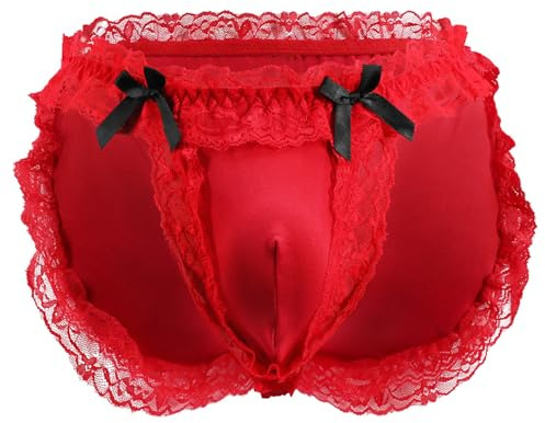 QMDUQMYZ Mens Lace Sexy Underwear Low Rise Bow Pouch Lingerie Sissy Pouch Crossdress Panties(Red)