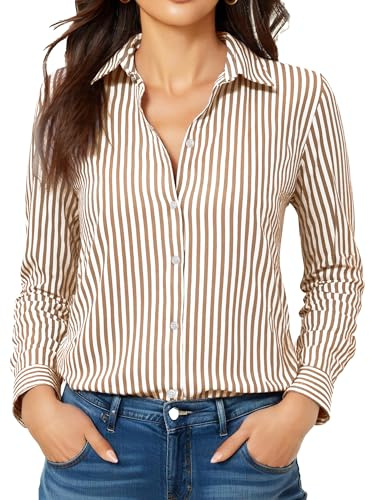 COUXILY Soft Non-Iron & Wrinkle-Free Womens Button Down Shirts with Mulberry Silk Long Sleeve Blouse Casual Work Tops, S02 Striped Brown, L
