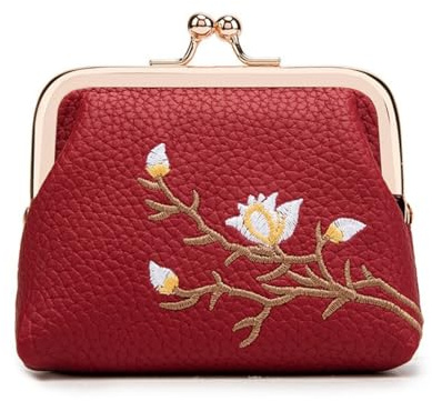 HSTWODE 1 porte-monnaie - Motif floral - Mini portefeuille vintage - Porte-monnaie - Fermeture à clip - Pour femme, rouge bordeaux, 12cm×9.5cm, Modernité