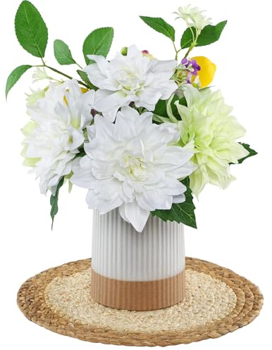 LEUCHTAMOR Flores falsas con jarrón de cerámica moderno, flores artificiales de dalia de seda blanca y verde para centros de mesa, cocina, comedor, vacaciones, picnic y decoración de fiestas