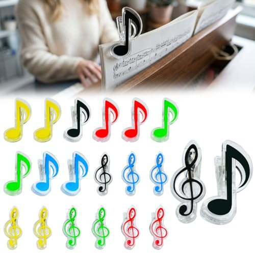 FTISSLY 20 Pcs Clips para Partituras Pinzas Notas Musicales Sujetapáginas para Libros de Partituras Atril Música páginas de libros - Plástico ABS, Diseño de Nota y Clave de Sol, 5 Colores Variados