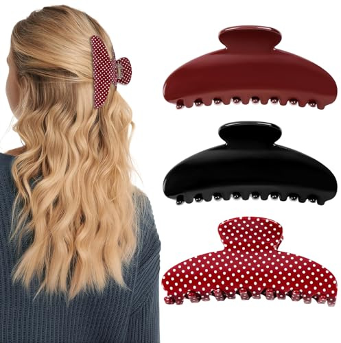 3 stycken hårklämmor dam, 2 stora halvcirkelformade halkfria hårspännen och 1 röd prickiga prickar, 10,7 x 5 cm starkt grepp claw clips, acetat trendig look hårklämmor för kvinnor flickor alla