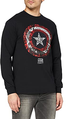 Camiseta de Manga Larga Marvel Captain America Comic Shield para Hombre, Negra, Talla M UK