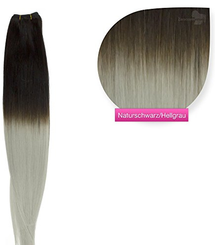 Weft Extensions Echthaar Tresse GlamXtensions glatt 100% Remy indisches Echthaar Human Hair - 60cm Ombré Balayage in der Farbe 1b/grau - Haarverlängerung Haarverdichtung zum Einnähen