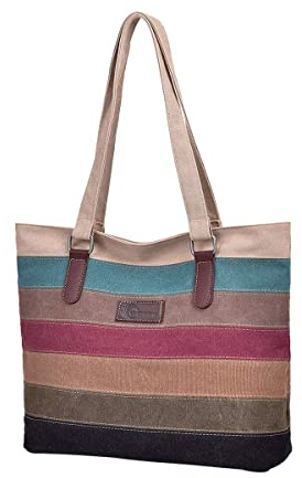 CHEREEKI Tote Bag, Tasche Damen Multi-Color Streifen, Stofftasche für Shopper Schule Arbeit Einkaufen und Reisen
