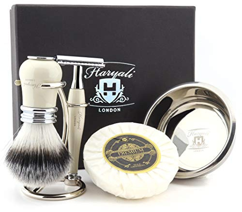 Haryali London Luxus Herrenrasierset mit doppelseitigem Rasierhobel, Rasierpinsel aus synthetischem Dachshaar, Ständer, Seife und Schüssel, elfenbeinfarben