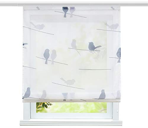 ESLIR Raffrollo Wohnzimmer Raffgardine mit Klettband Gardinen Küche Transparent Bändchenrollo Modern Voile Vogel Muster BxH 140x140cm 1 Stück
