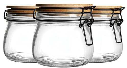 Argon Tableware Glass Storage Jar with Airtight Wooden Clip Lid - 500ml - 6 Pack - Kitchen Container Round Preserving Jar for Pickling, Chutney, Jam, Coffee, Oats