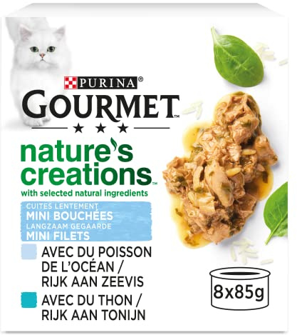 GOURMET | NATURE’S CREATIONS | Chat Adulte | Mini Bouchées avec des ingrédients naturels sélectionnés | Au Poisson : Poisson de l'Océan, Thon | (8 x 85g)