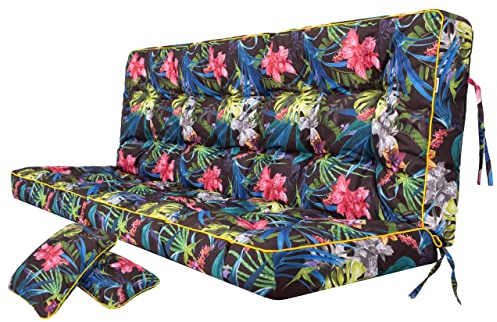 PillowPrim Kissen für Hollywoodschaukel Sitzkissen Bankkissen Bankauflage für Gartenbank Outdoor Indoor, Breite 140x49 cm und Rückenlehne 140x56 cm -Bunte Bläter