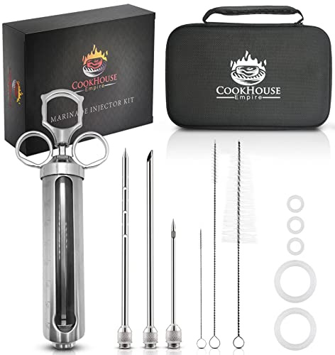 Kit d'injecteur de viande en acier inoxydable avec étui et fenêtre pour grill, fumoir et barbecue – 3 aiguilles seringues à marinade pour injection de sauce, assaisonnement, saveur – Injecteurs de