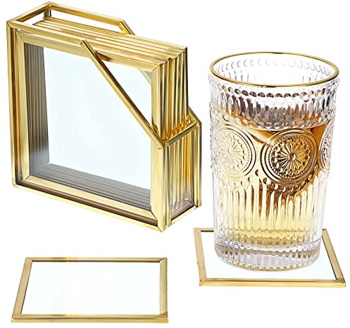 JuxYes Set of 7 Glass Coasters with Holder, Gold Elegant Cup Coasters for Coffee, Tea, Wine - Square Brass Edge Glass Mats for Coffee Table