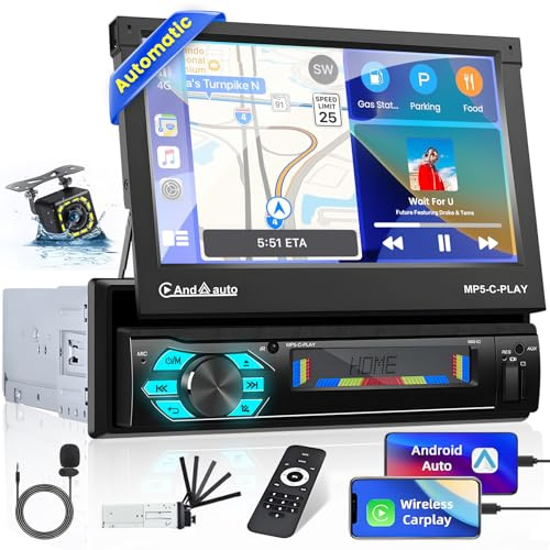 Hikity Bilradio 1 Din Carplay med 7-tums automatisk utdragbar pekskärm Bilradio Bilradio med Bluetooth Handsfree Mirror Link Android Auto USB FM AUX Backkamera