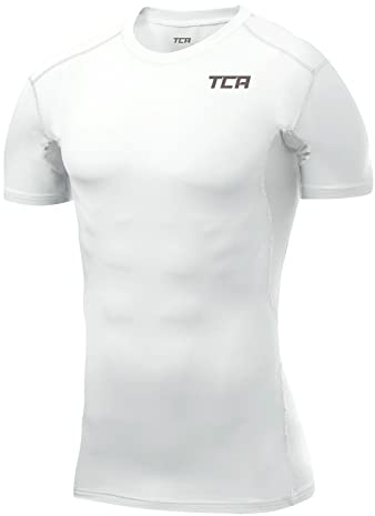 TCA Herren HyperFusion, schnelltrocknendes Sportshirt, kurzärmliges und elastisches Funktionsshirt mit Passform Kompression - Weiss, L